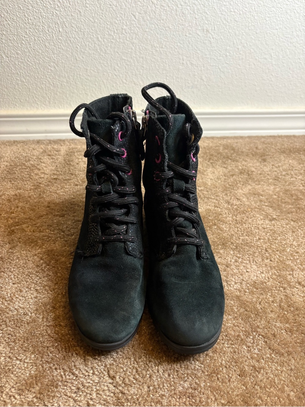 Sorel Black Kids Lace-Up Ankle Boots with Pink Eyelet Accents